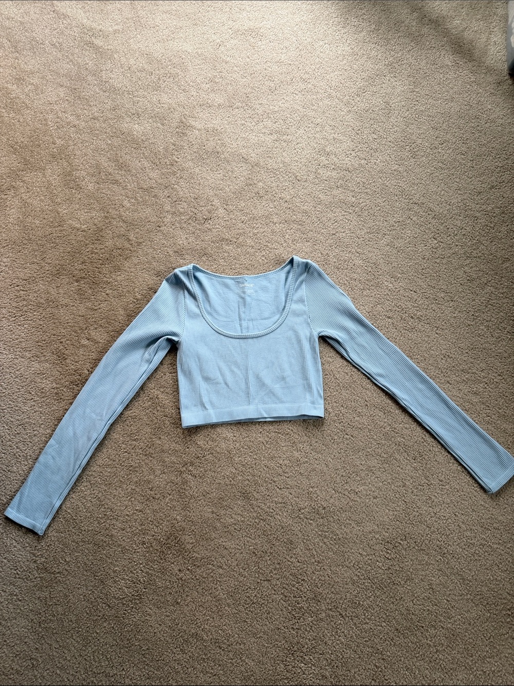 Garage Light Blue Ribbed Scoop-Neck Long Sleeve Crop Top